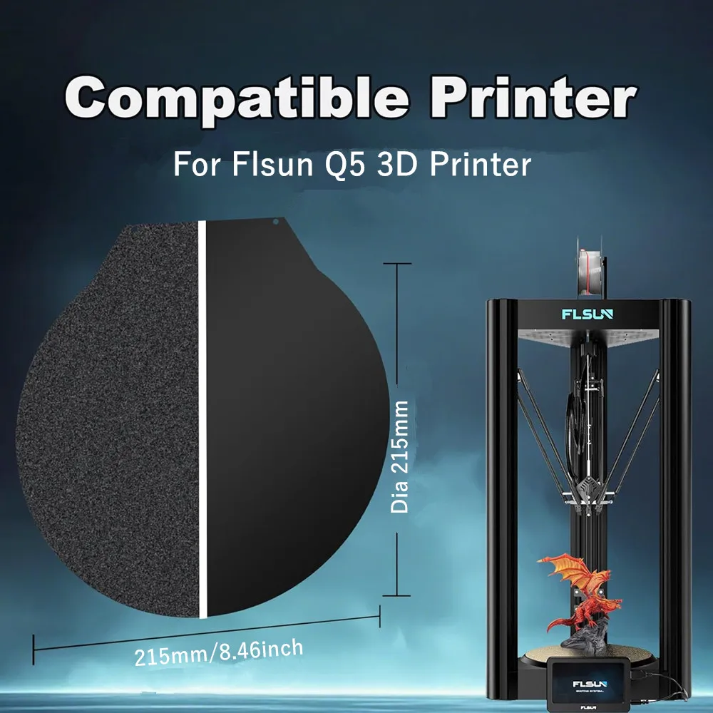 

Круглая черная PEI-пластина для печати 215 мм для Flsun Q5, двусторонняя текстурированная PEI + гладкая PEI, гибкий пружинный стальной лист для подогреваемой платформы