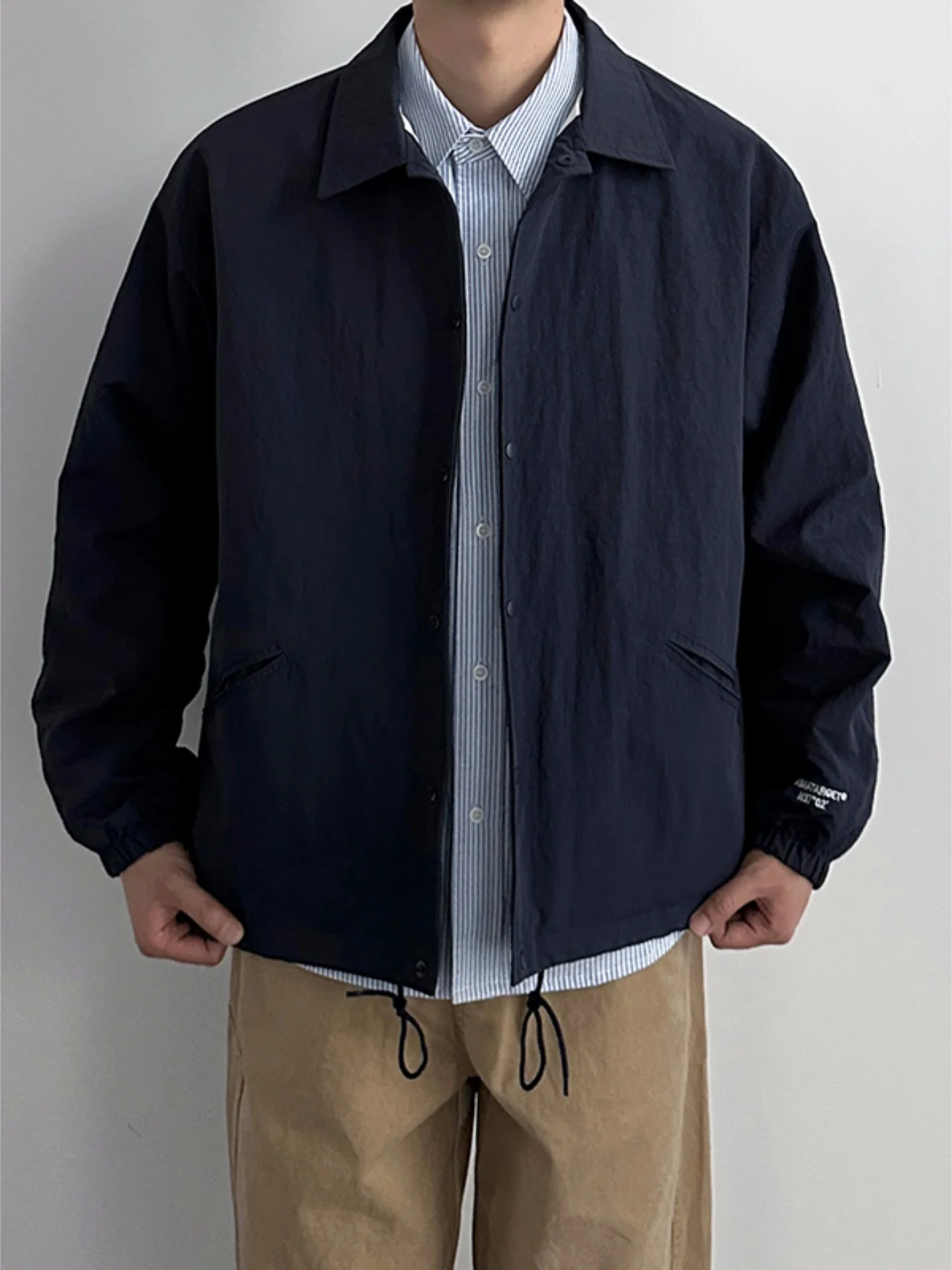 

Japanese Sle Simple Letter Embroidery Stand Collar Men's Jaet Spring Autumn Loose Retro Casual Workwear Outerwear