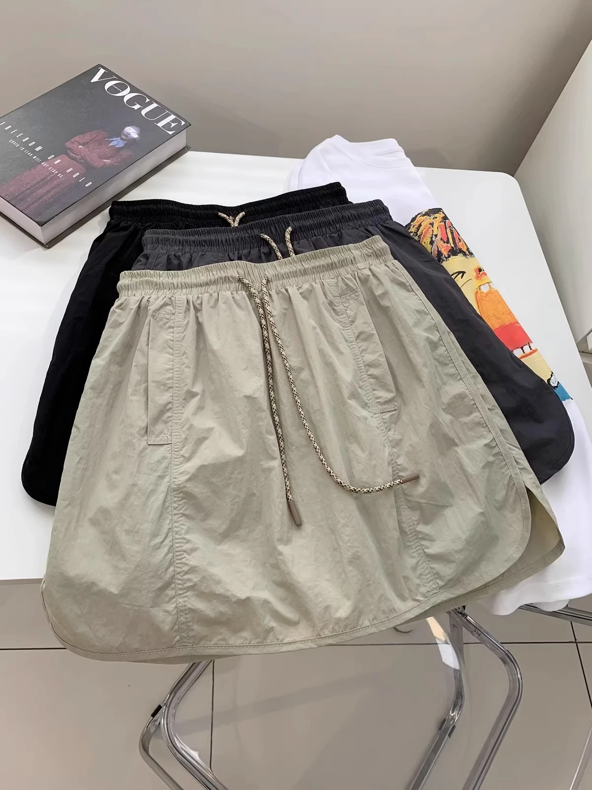 American casual Cargo Skirt Summer Elastic Waist Drawstring Solid Color Short Pants Skirt Women Sport Casual Mini Skirt