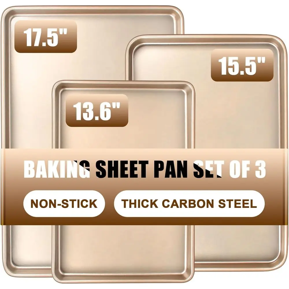 3-Piece Baking Sheet Set, Heavy Duty Nonstick Pans, Toaster Oven Tray, Easy Clean, Champagne Gold