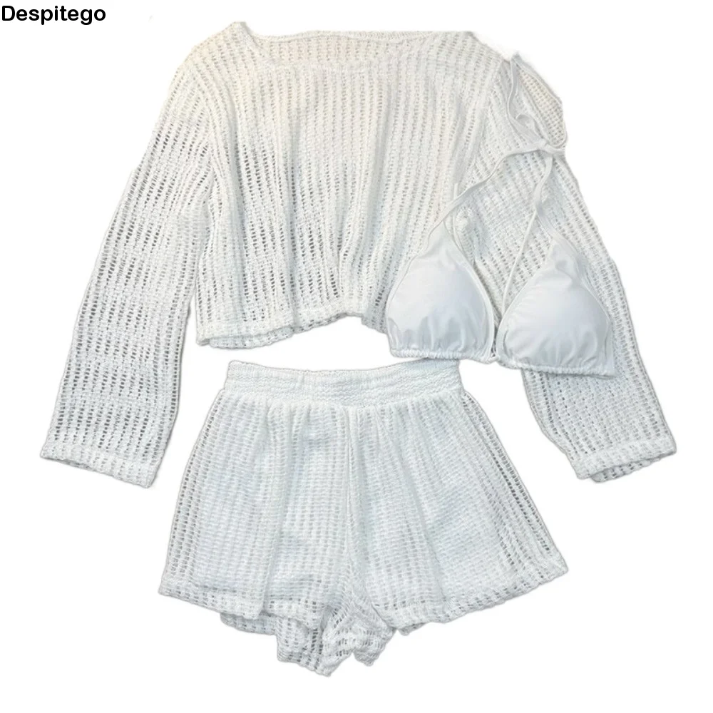 Loose Long Sleeve Swimsuit Pullover Beachwear Crochet Knit Bathing Suit Hollow Out Sun Protection Three Pieces Set Swimwear