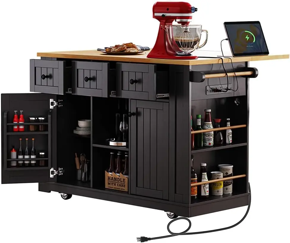 Rolling Kitchen Island with Storage, Kitchen Cart on Wheels with Drop Leaf, Mobile Kitchen Storage Cart with Power Outlet,