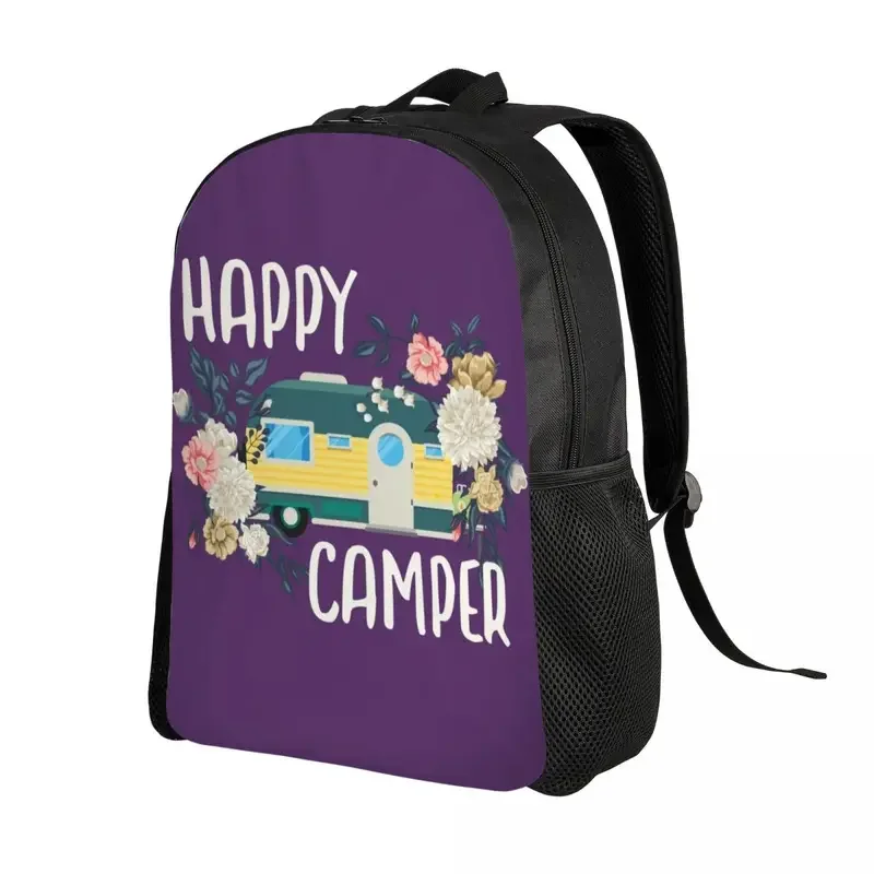 Custom Happy Camper Bloemen Print Rugzak Mannen Dames Basic Boekentas Voor College School Cartoon RV Kampeertassen