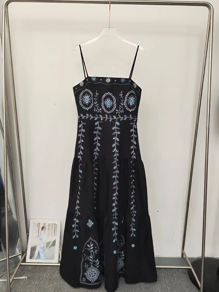 2026 summer women's clothing retro positioning print sexy suspender dress fashion multi-layered pleated A-line tutu skirt