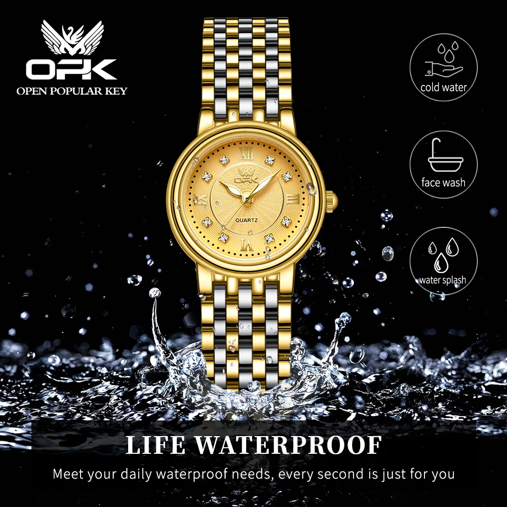 OPK-relojes de lujo para mujer, marca Original, reloj de cuarzo luminoso, resistente al agua, correa de acero inoxidable dorado, reloj de pulsera elegante para mujer