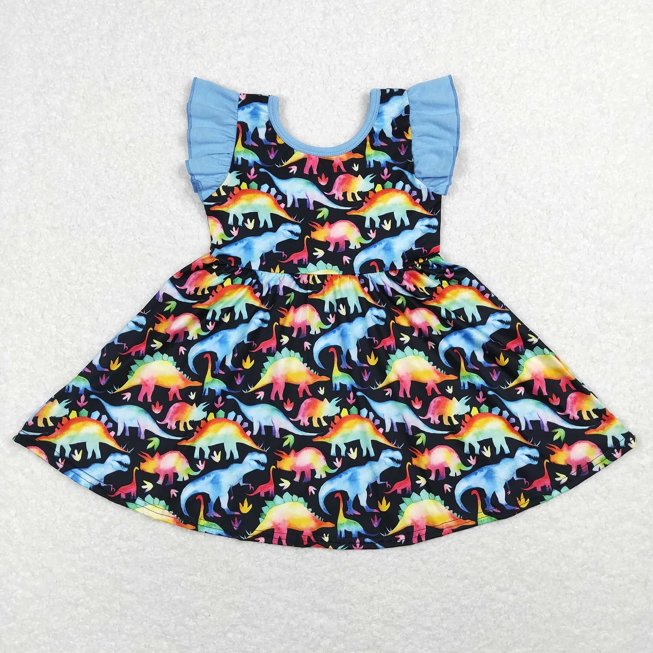 

Wholesale Baby Girl Summer Short Sleeves Dinosaurs Colorful Twirl Dress Toddler Knee Length One Piece Kids Children Clothing