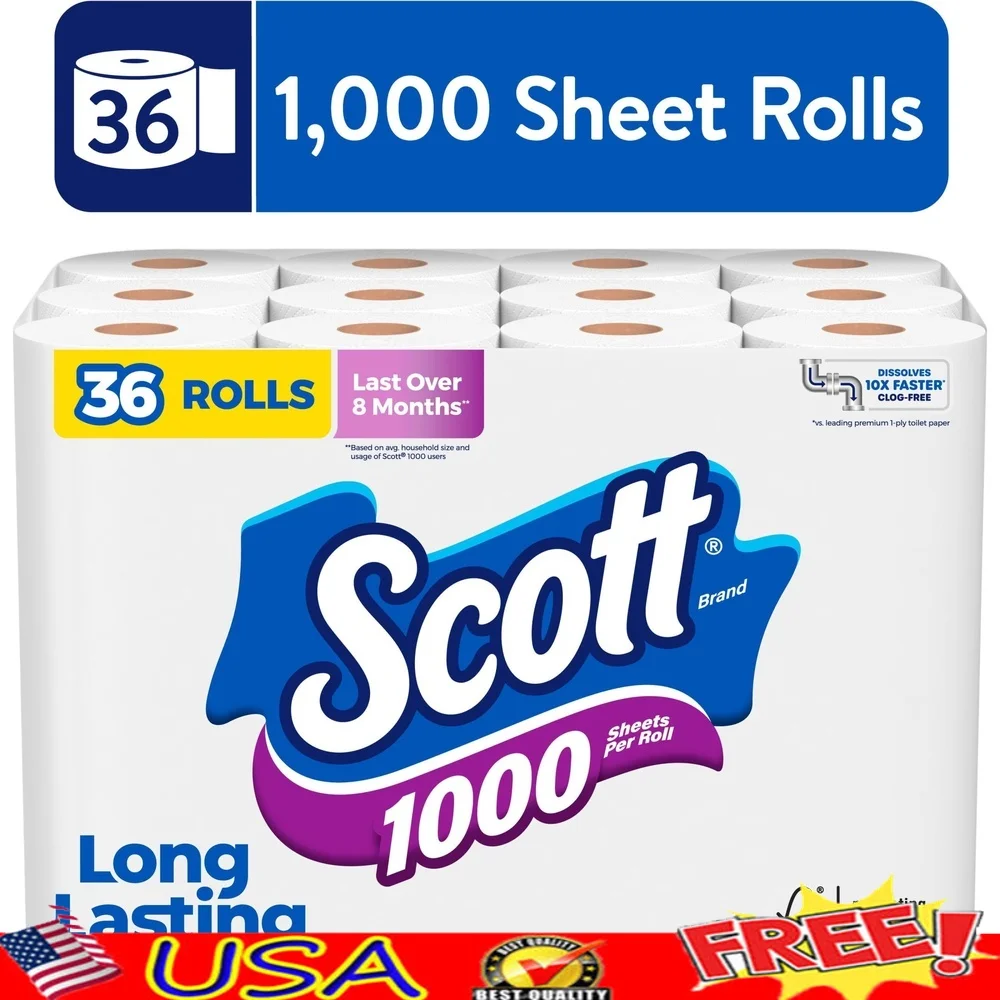 

1000 Sheets Per Roll Toilet Paper 36 Rolls Long Lasting Clog Free Dissolving 1 Ply Unscented Reliable Performance Perforated