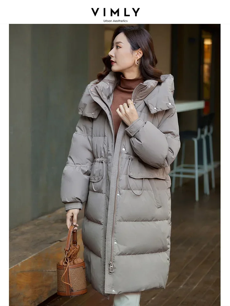 VIMLY Women\'s Commuter White Duck Down Jacket Thick Loose Outerwear Warm Lapel Hooded Overcoat Urban Casual  Long Parka Coat