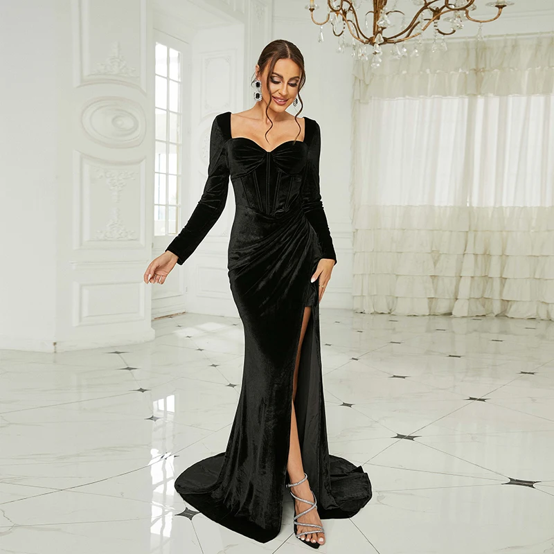 Women Autumn Winter Black Velvet dresses Long sleeve V Neck Sexy Backless High Split Evening Cocktail Prom Party Mermaid dress