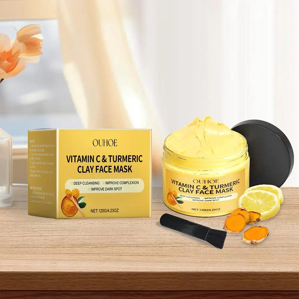 Masker Wajah tanah liat perawatan kulit 120g, pembersihan dalam Vitamin C kunyit masker wajah