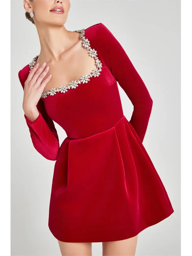 

Dresses 2025 Woman Solid Color Slim Long Sleeves Simple Style Square Collar Diamond-inlaid Short Vestidos Banquet Elegant Sexy