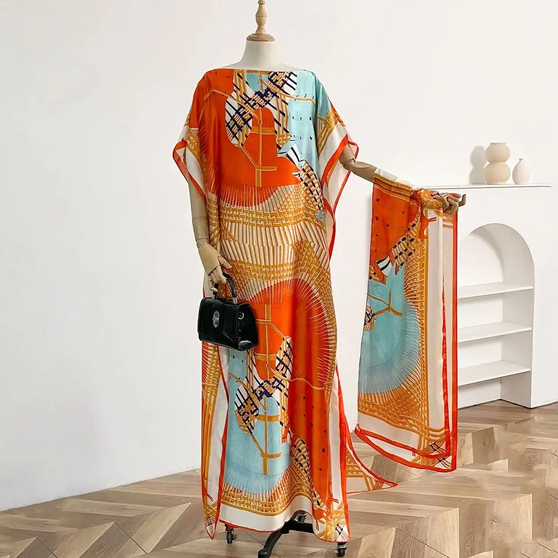 

Summer New Fashion African Dresses For Women Elegant Printed Silk Muslim Lady Long Hijab Kaftan Dress Oversize Kuwait Abaya