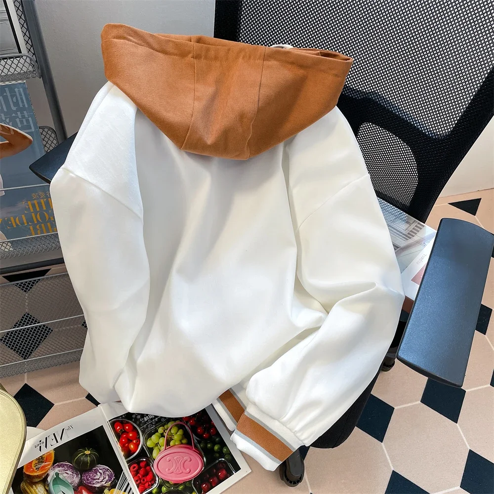 Autumn Winter Loose Oversize Thicken Jacket American Retro Fake Two Piece Hooded Baseball Jersey Women All Match Unisex Coat