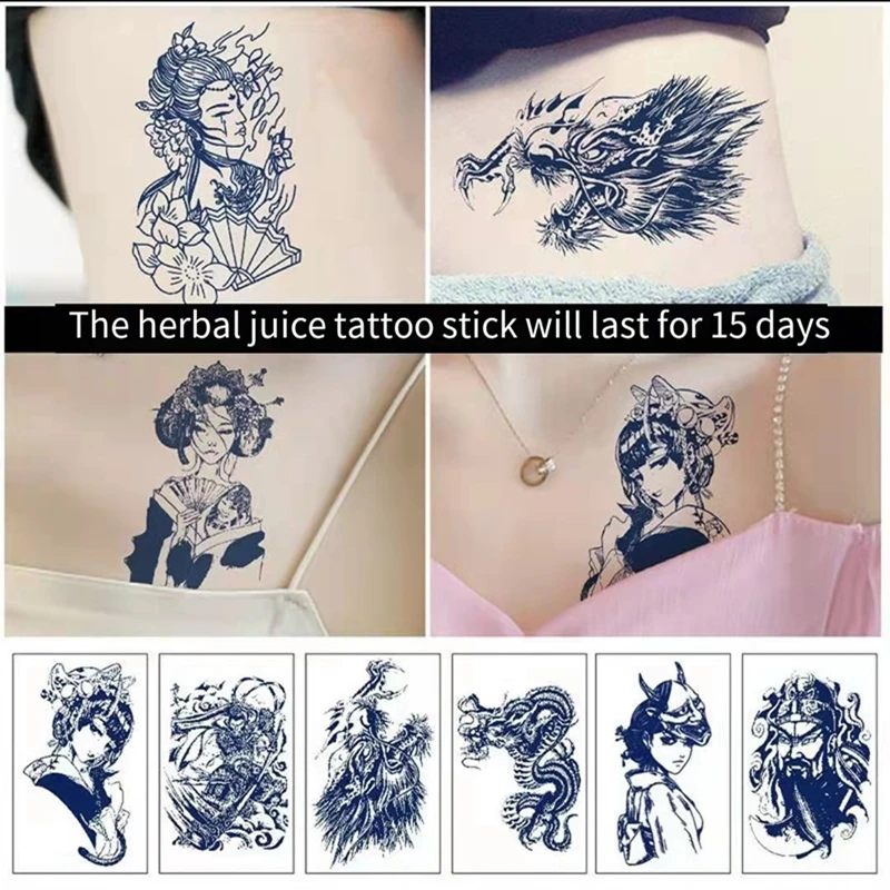 

12pc/Lot Herbal Juice Temporary Tattoo Stickers Men Women Totem Waterproof Lasting 7-15 Days Half Arm Geisha Art Fake Tattoo Set