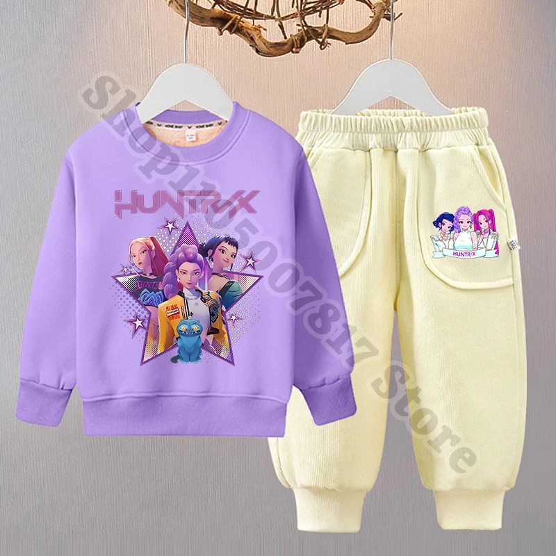 KPop Demon Hunters Children Fleece Sweatshirt Pants Set Winter Cartoon Warm Clothing Girl Cute Pullover Trousers Christmas Gifts