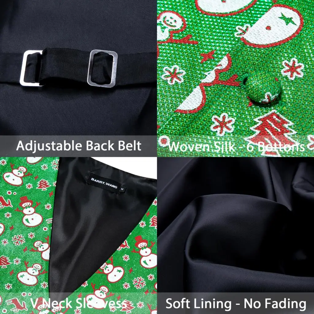 Luxury Christmas Vest for Men Silk Green Red White Snowman Snowflake Festival Waistcoat Tie Bowtie Set Happy Party Barry Wang