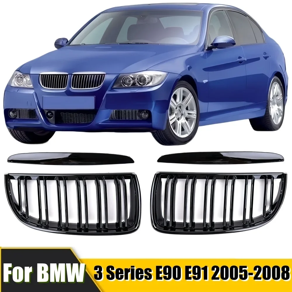 Gloss Black Front Bumper Kidney Grille Grill Hood Mesh Double Line for BMW 3 Series E90 E91 2005 2006 2007 2008 pre-LCI