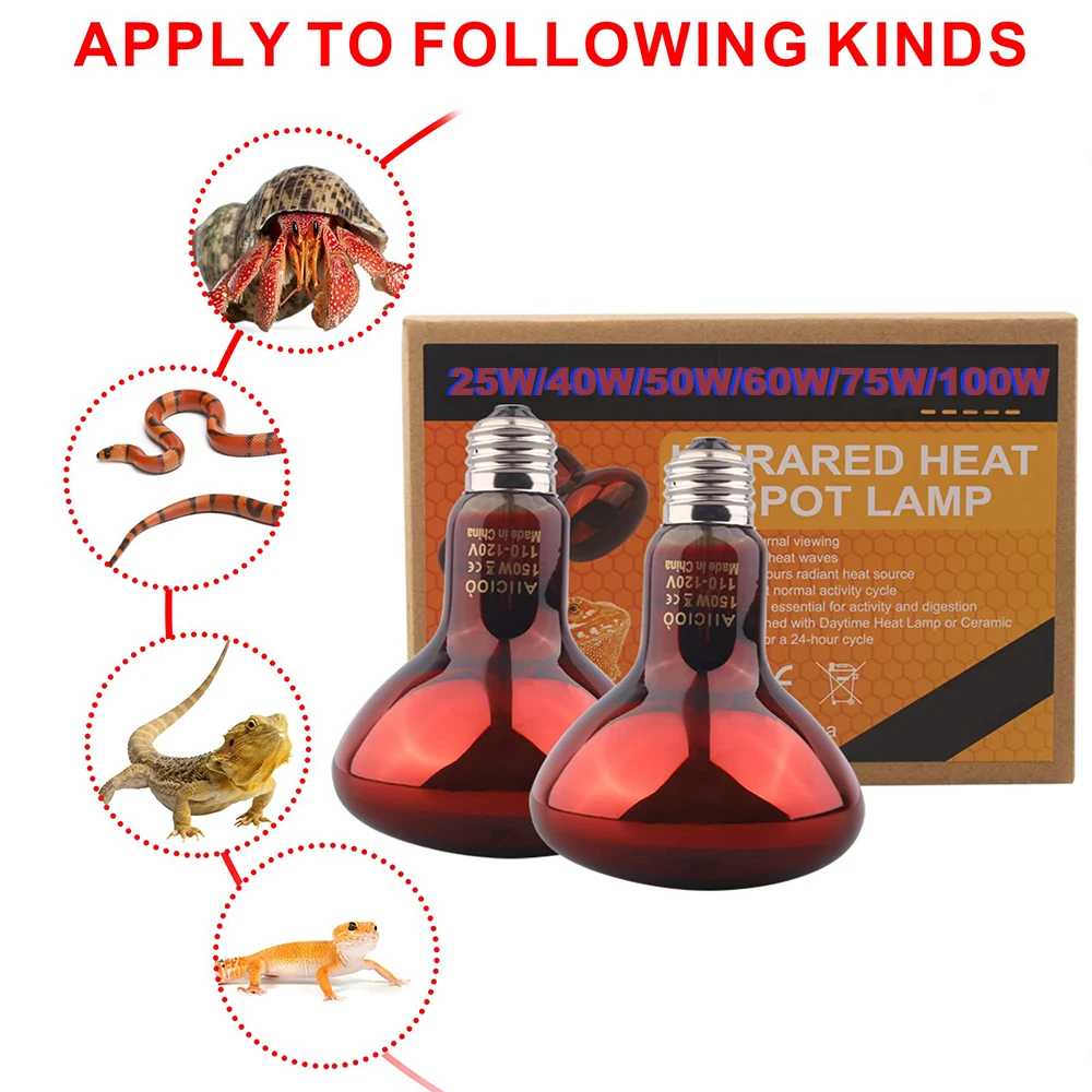 220V UVA Amphibious Red Heating Lamp 25/40/50/60/75/100W Infrared Lamp Glass Bulb Accessories for Reptiles Snake Lizards