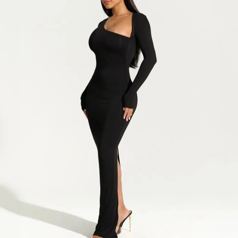 Novo preto simples elegante manga comprida fino ajuste saia longa feminina primavera e outono volta fenda gola diagonal senhora vestido básico