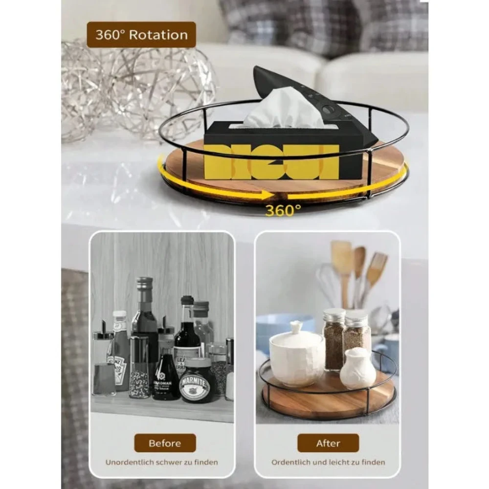 360 Degree Rotating Storage for Kitchen Spice Cosmetic Makeup Turntable Organizer Cabinet Steel Side Multifunctional Wooden Tray