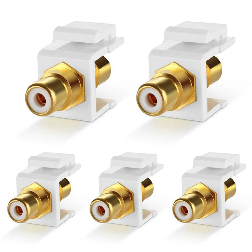 RCA Keystone Jack Insert Connector (5 Pack) Socket Female Snap in Adapter Port Gold Plated Inline Coupler (White)