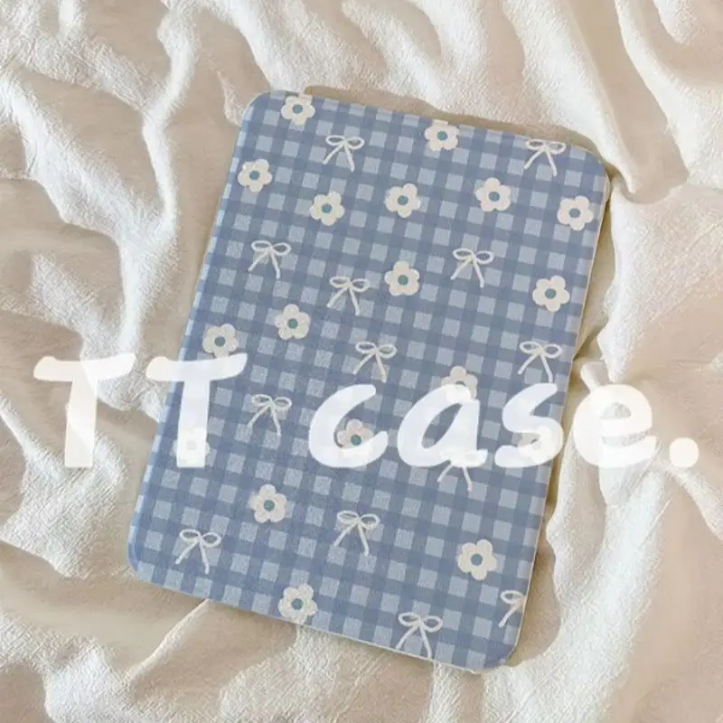 Ins Blue Grid Floral Tablet Case For iPad Pro 11 12.9 13 A16 M2 M4 M3 M5 Shell 9.7 10.2 5/6/7/8/9/10/11th Mini Air 3 4 5 6 Cover