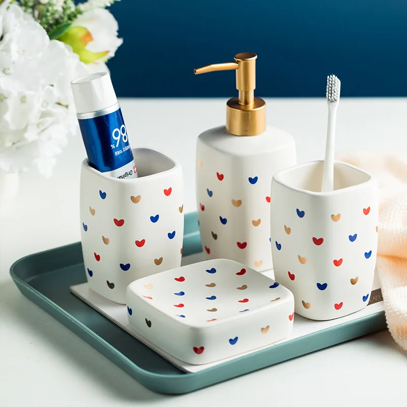 Nordic Bathroom Supplies Love Ceramic Emulsion Bottle Mouthwash Cup Toothbrush Holder Soap Dish Bathroom Decoration Accessories