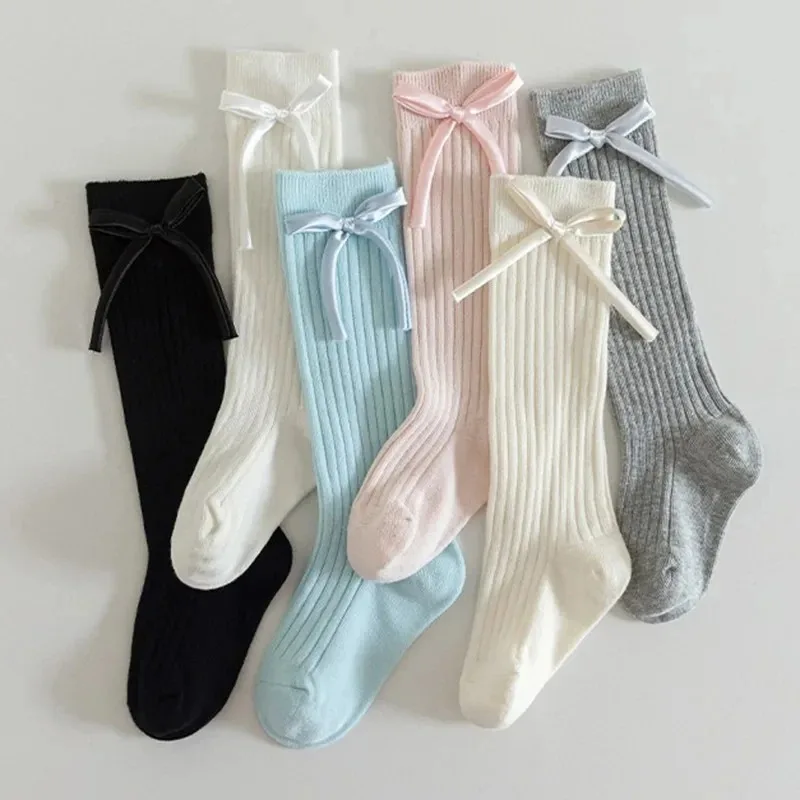 Fashionable Autumn Calf Socks Princess Style Thin All-Match Girls Hosiery Cute Bow Decor Mid-Calf Legwear Spring Fall Daily Kids