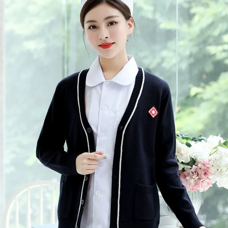 Sweater Perawat Wanita Rajutan Seragam Dokter Perawat Cardigan Luar Jaket Musim Gugur dan Musim Dingin Overall Lengan Panjang Perawat
