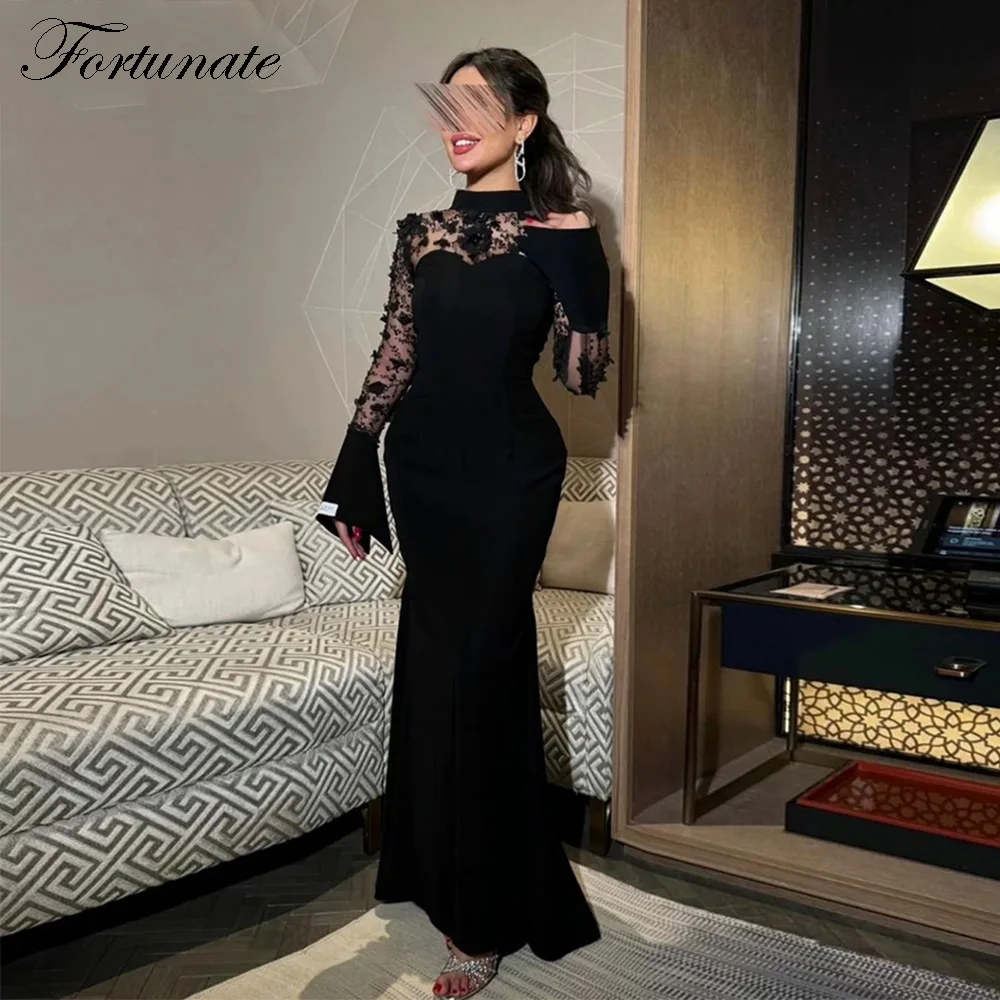 

Customized Elegant Long Black Evening Dresses for Women Lace High-Neck Floor-Length Sweep Train Special Events Party Dress 2025