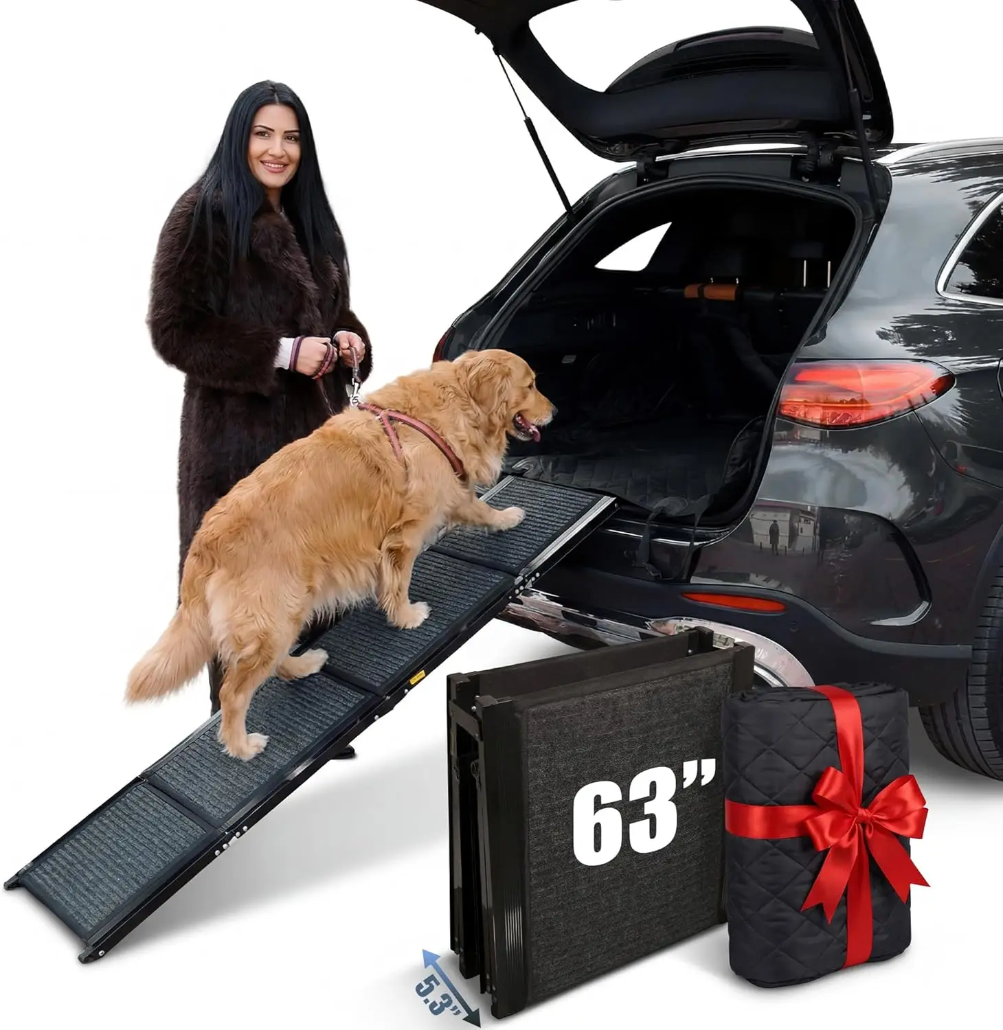 

63" Foldable Non-Slip Dog Ramp for Car, with Back Seat Cover & Poop Bags - Complete Pet Travel Set for SUV, Truck, Car