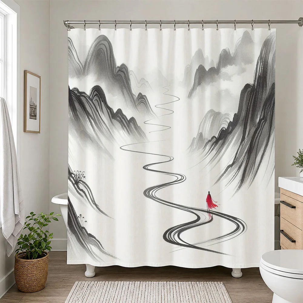 Abstract Chinese Landscape Shower Curtain Black Ink Mountain River Art Bathroom Decor Waterproof Shower Curtain