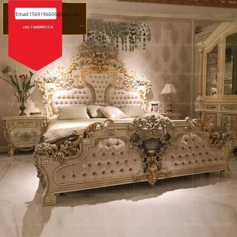 

French painted cloth luxury palace solid wood carved double European princess bed wedding bed