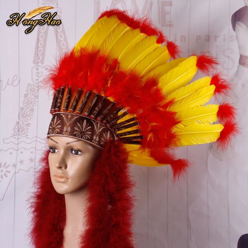 Customized Yellow Indian Feather Headdress Turkey Feather Costume Chief Hat Headband Carnival Bonnet Halloween Decoration