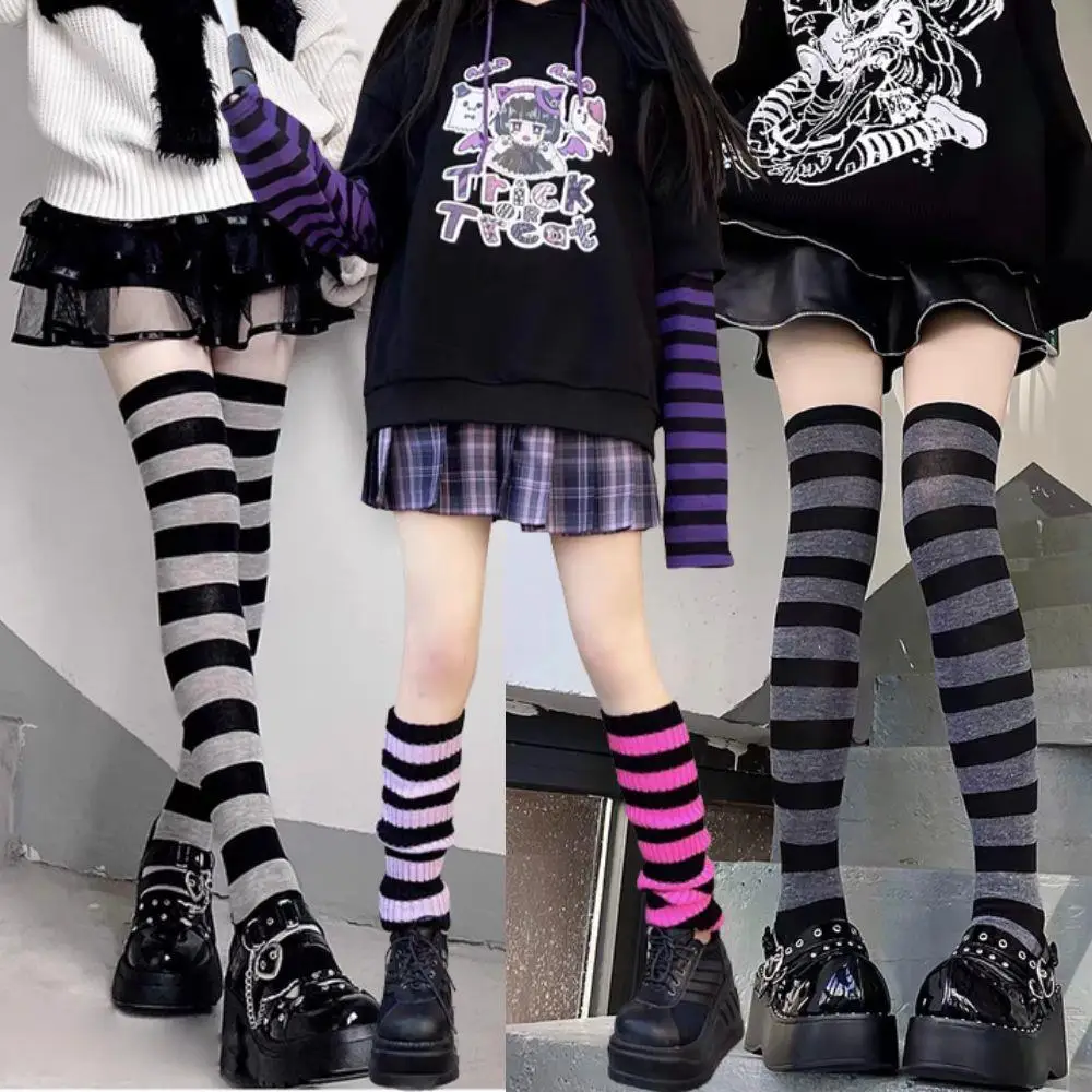 

Y2K Striped Half Finger Gloves Long Socks Set Women Winter Arm Warmer Harajuku Wristband Elbow Mitten Lolita Clothing Accessory