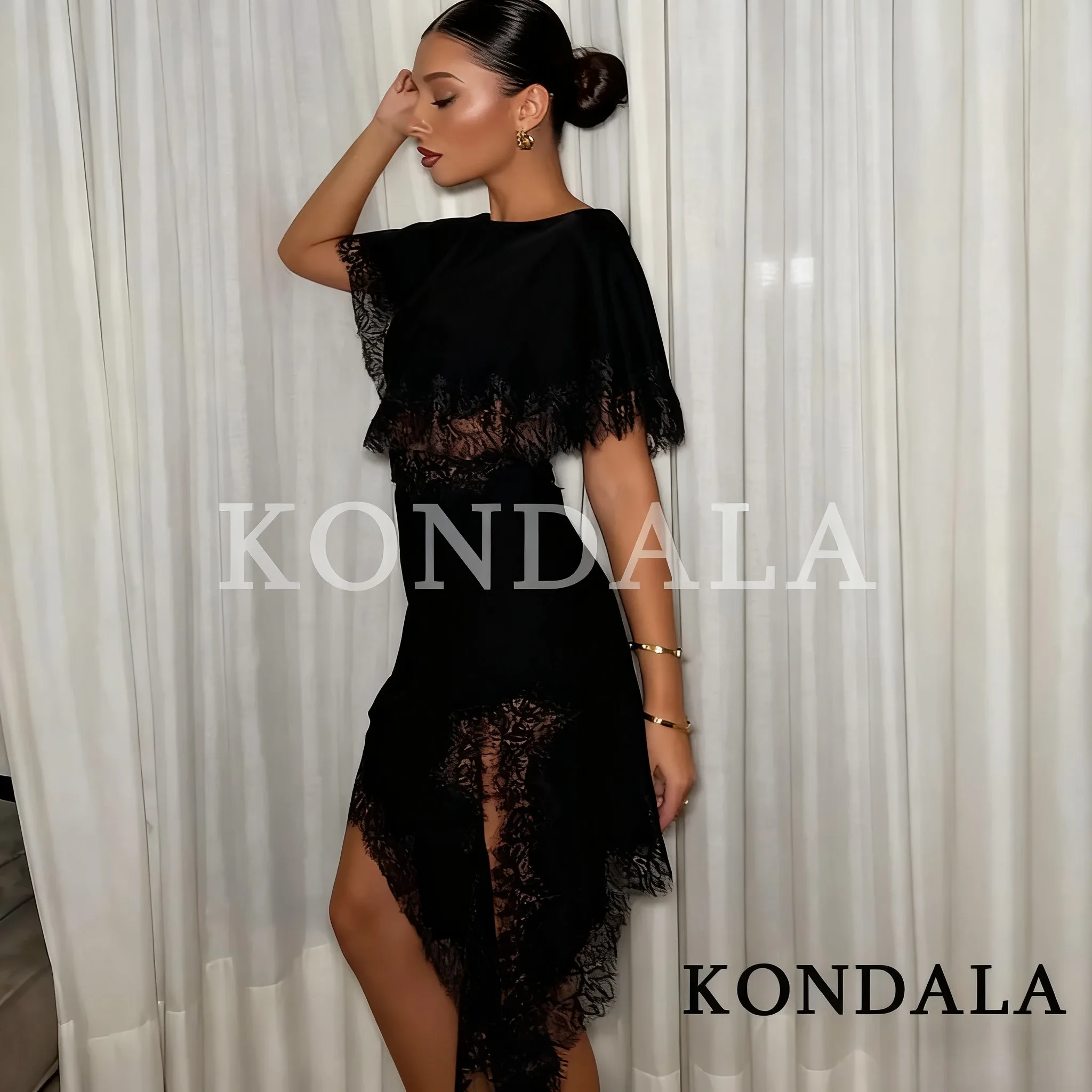 KONDALA Waist Hollow Out Satin Lace Dress Women Sexy Elegant Dinner Party Short Dress 2025 Fashion Female Asymmetrical Dress