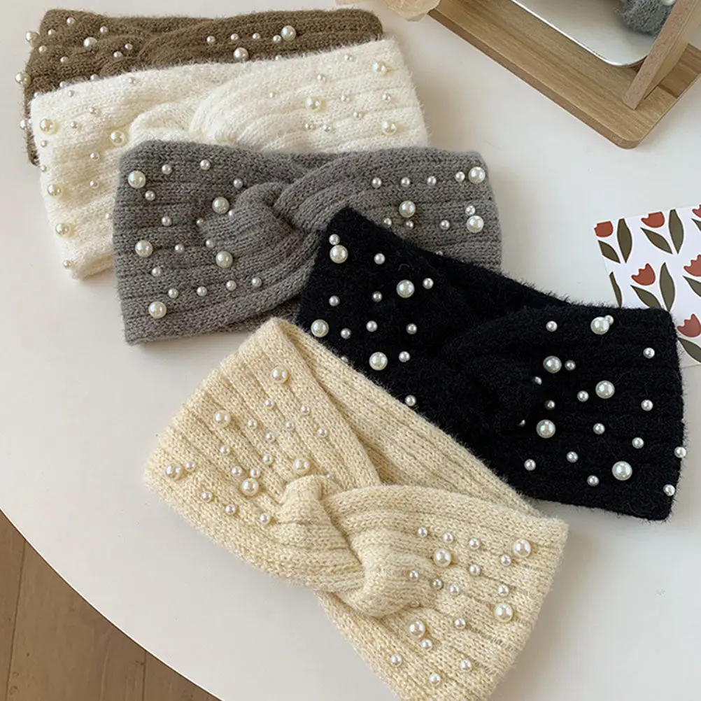 

1Pcs Pearls Knitted Hair Band Women Warm Winter Headband Elastic Braided Wrap for Skiing Running Dog Walking Shopping Stylish