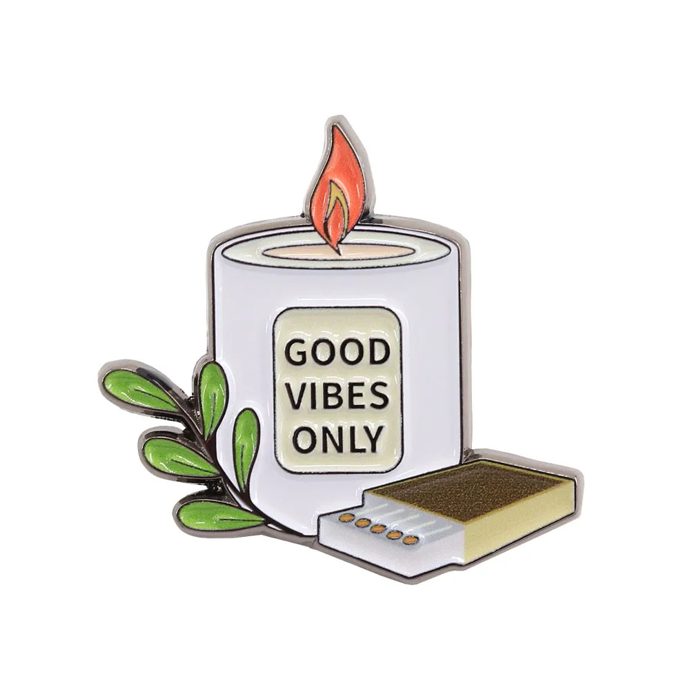Good Vibes Only Kerzen- und Zündholz-Emaille-Brosche Positives Zitat Niedliche Anstecknadel Tägliches Mode-Accessoire Geschenk für Liebhaber des Vibe-Centric-Stils – Detail 1