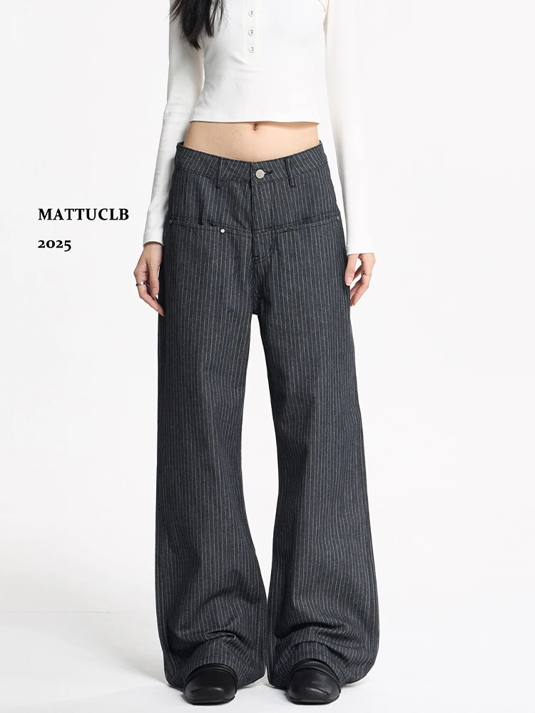 

2025 Autumn Winter Women Korean Office Lady Old Money Japanese Y2k Harajuku Wide Fit Striped Pants Long Trousers Baggy 2000s New