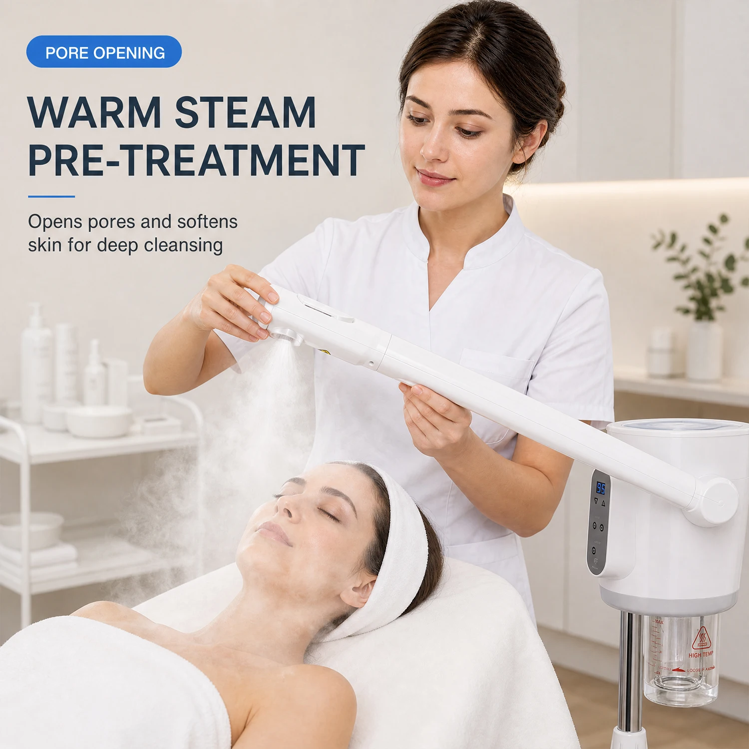 Dual Arm Hot Cold Facial Steamer Ozone Face Vaporizer 180°Rotatable Nozzle Height Adjustable Rolling Wheels Salon Spa Facial