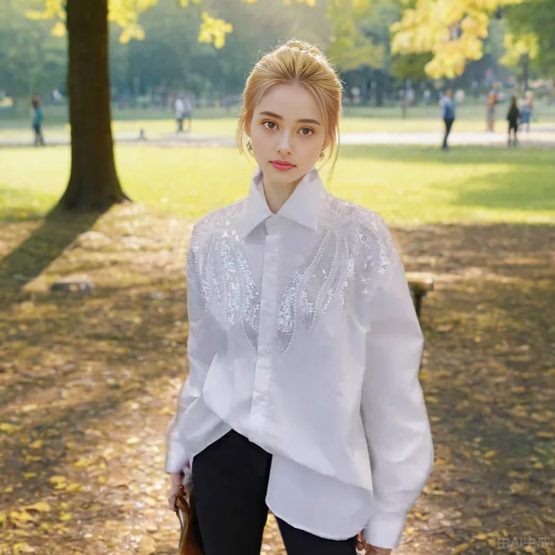 Women Shirt Sequines Beading Wing Chiffon Turn-down Collar Lapel Blouse Casual Autumn Spring Long Sleeve Top