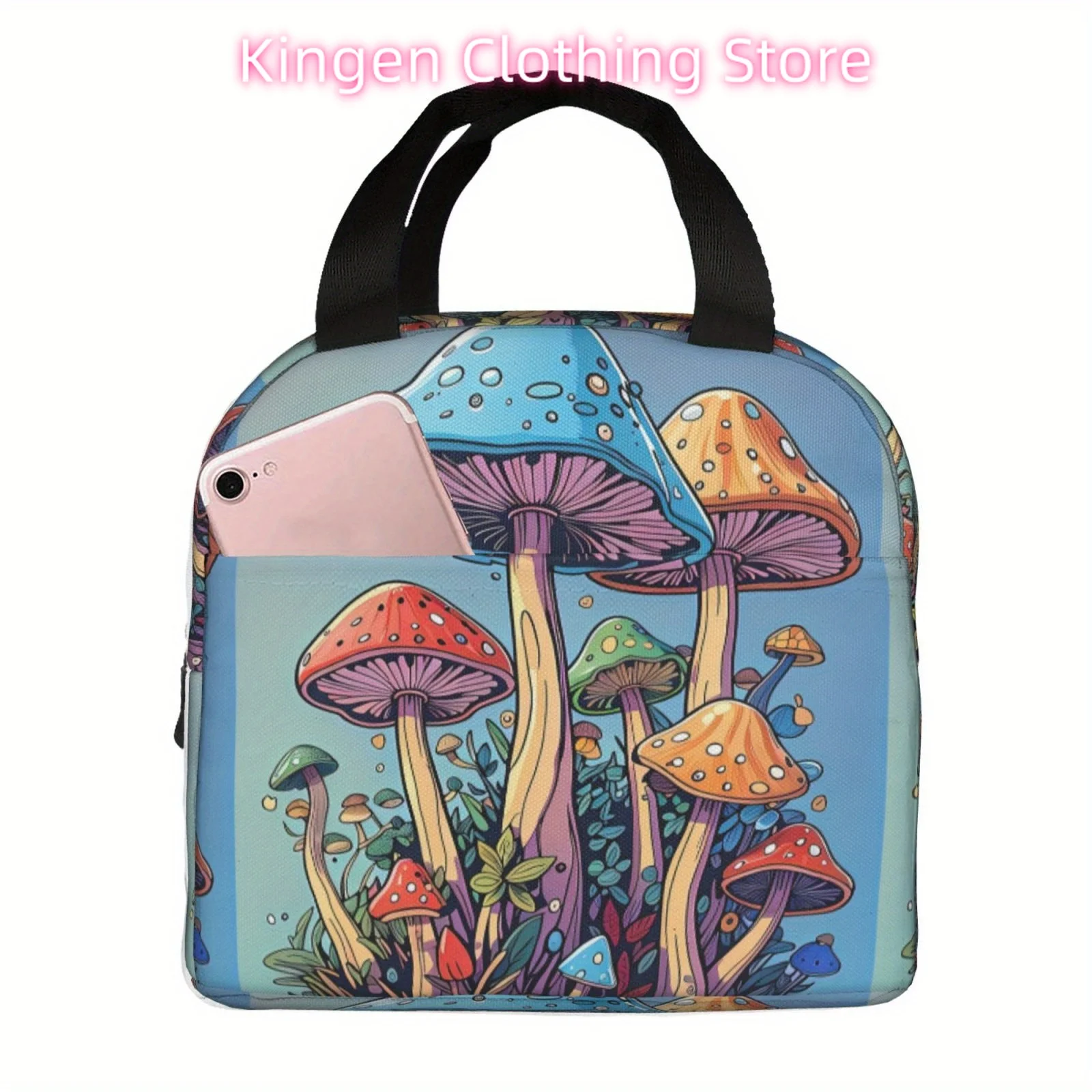 Whimsical Mushroom Insulated Lunch Bag - Reusable, Leak-Proof, Durable Polyester Tote with Vibrant
