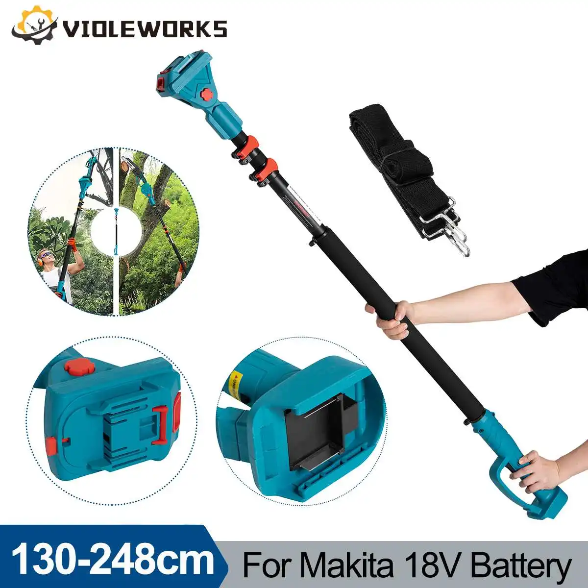 Electric Telescoping Rod with Straps 1.3m to 2.5m Length 180 Degree Adjustable High Branch Chainsaw Pole for Makita 18V Battery