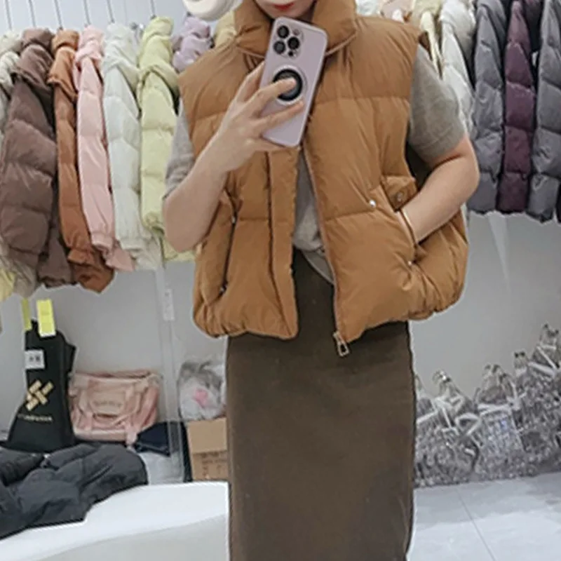 بلا أكمام المرأة أسفل سترة دافئة رشاقته خفيفة الوزن مبطن الستر موضة جديدة سستة الوقوف طوق الصلبة أكمام معاطف #5