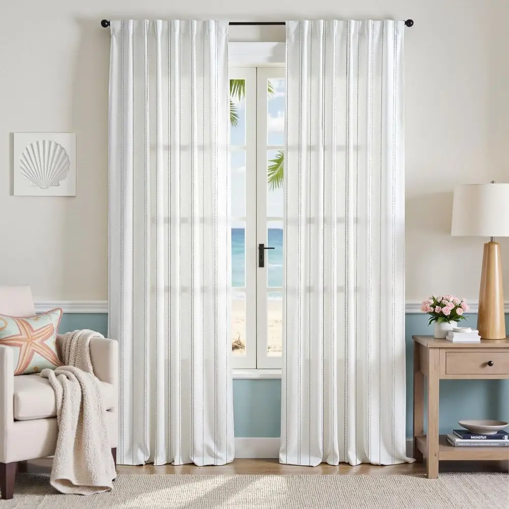 Modern Linen-Style Grey Striped Curtains, 96 Length, Privacy & Light Filtering, Back Tab, 2-Panel Set for Living Room & Bedroom