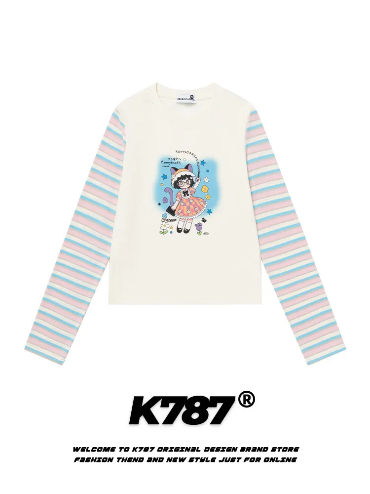 

Женская футболка K787 с длинным рукавом, в полоску, приталенная, с мультяшным принтом на плечах, повседневная, из смесового хлопка и полиэстера