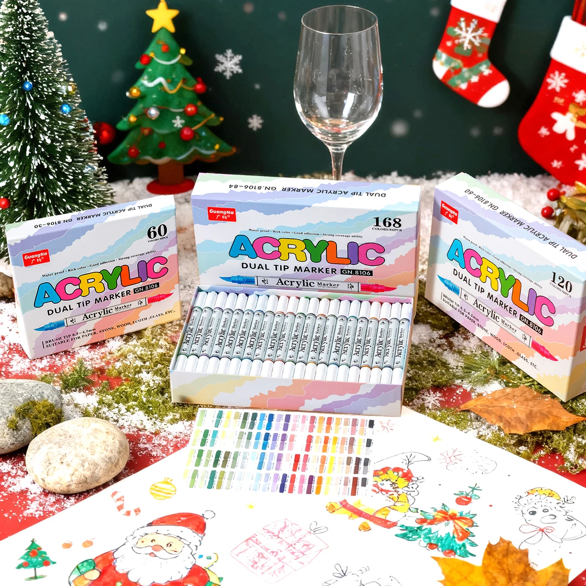 

60/120/168 Colors/Box Christmas-themed Artist Markers - Dual Tip Liquid Acrylic, Suitable for DIY Holiday Doodle Art Painting