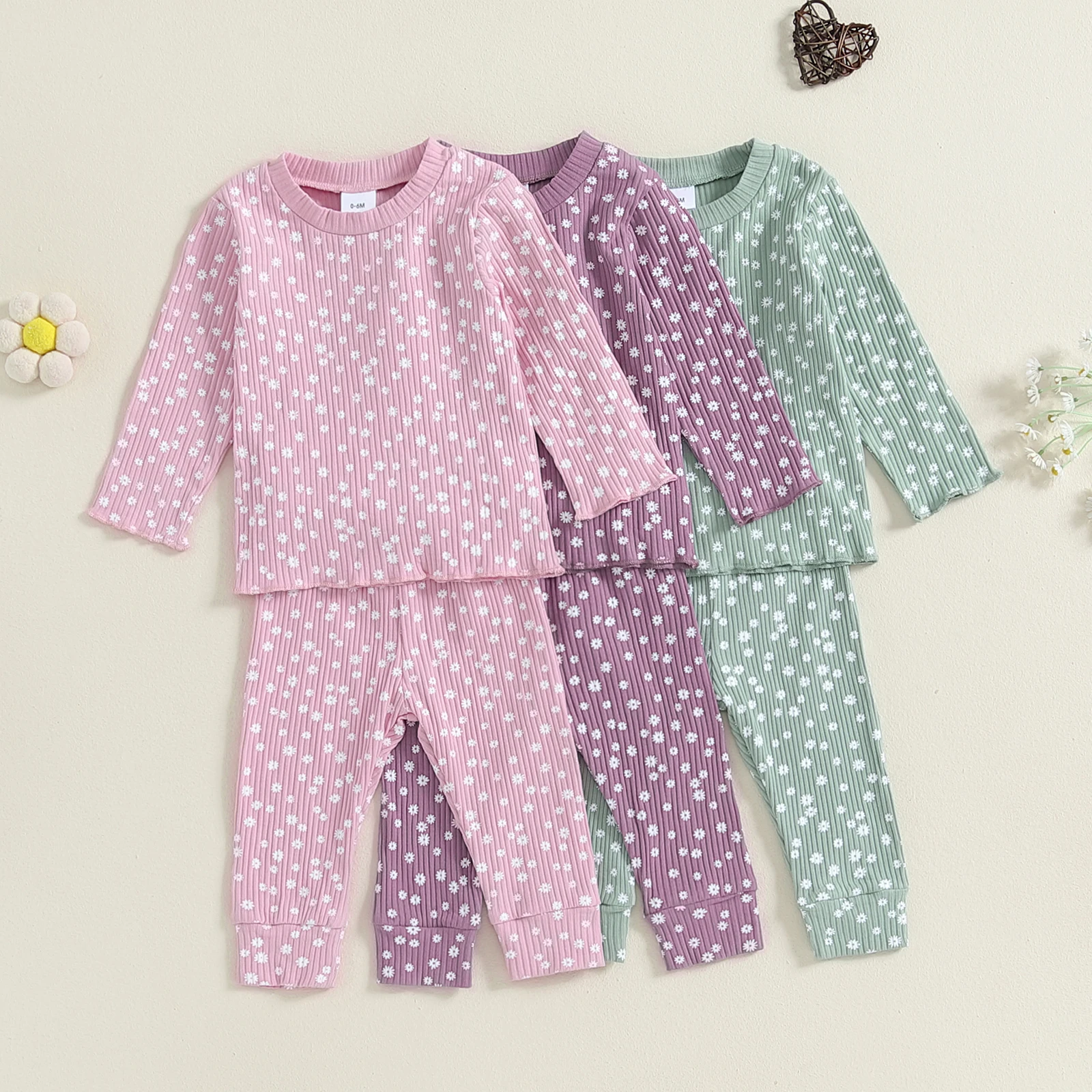 : Floral Ribbed Girls Outfit Set 1