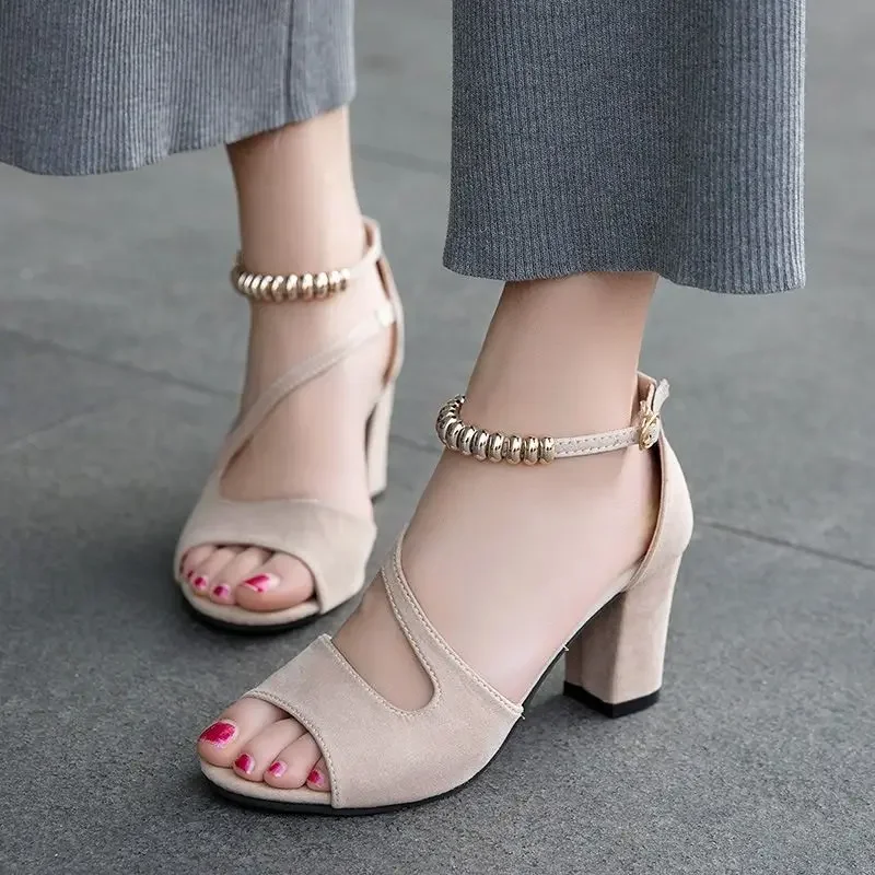 Summer Fish Mouth Fashion Chunky Sandals Women's Medium with A Line Buckle 100 Network Red Casual Women's High Heels