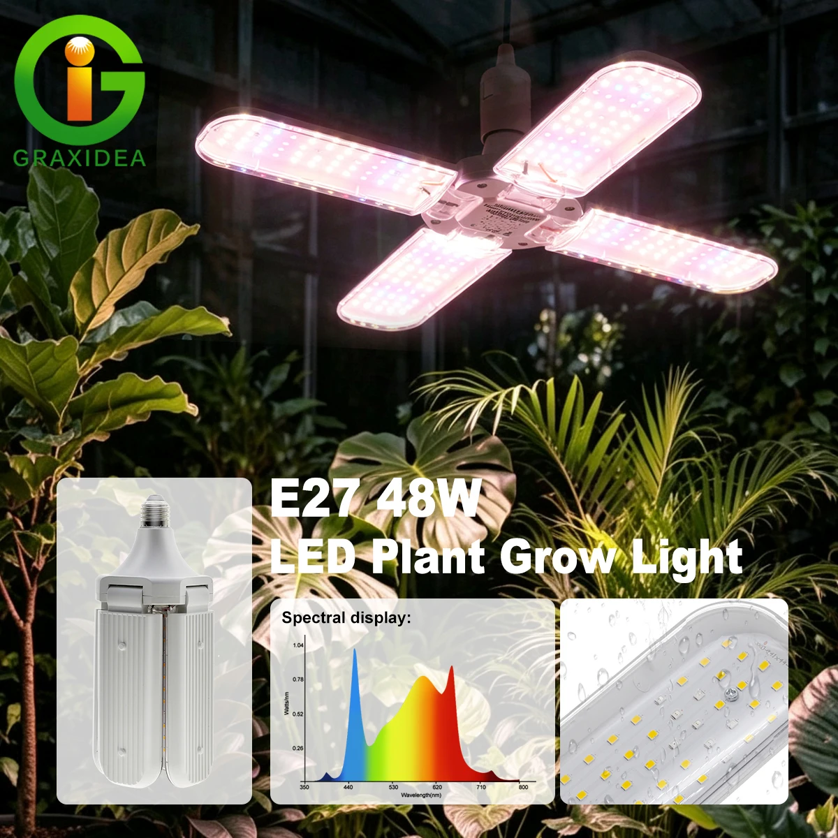 Lampadina LED da coltivazione con attacco E27, 48W, con spina e interruttore, SMD2835, 3000K, IR730nm, UV395nm, IP65, impermeabile, flessibile, pieghevole, lampada da coltivazione con treppiede da